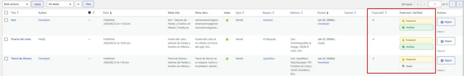Listeo Admin – Quick Featured / Verified Toggles for Listings