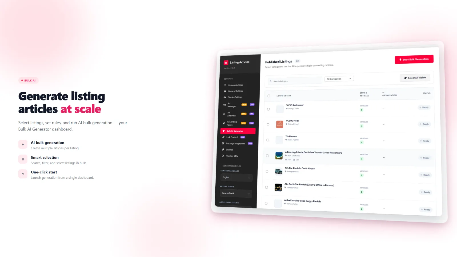Bulk Articles Generator for Listing Articles